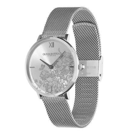 Olivia Burton 35mm Floral Silver Mesh Watch