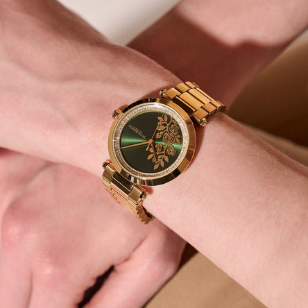 Olivia Burton Floral T-Bar Green & Gold Bracelet watch