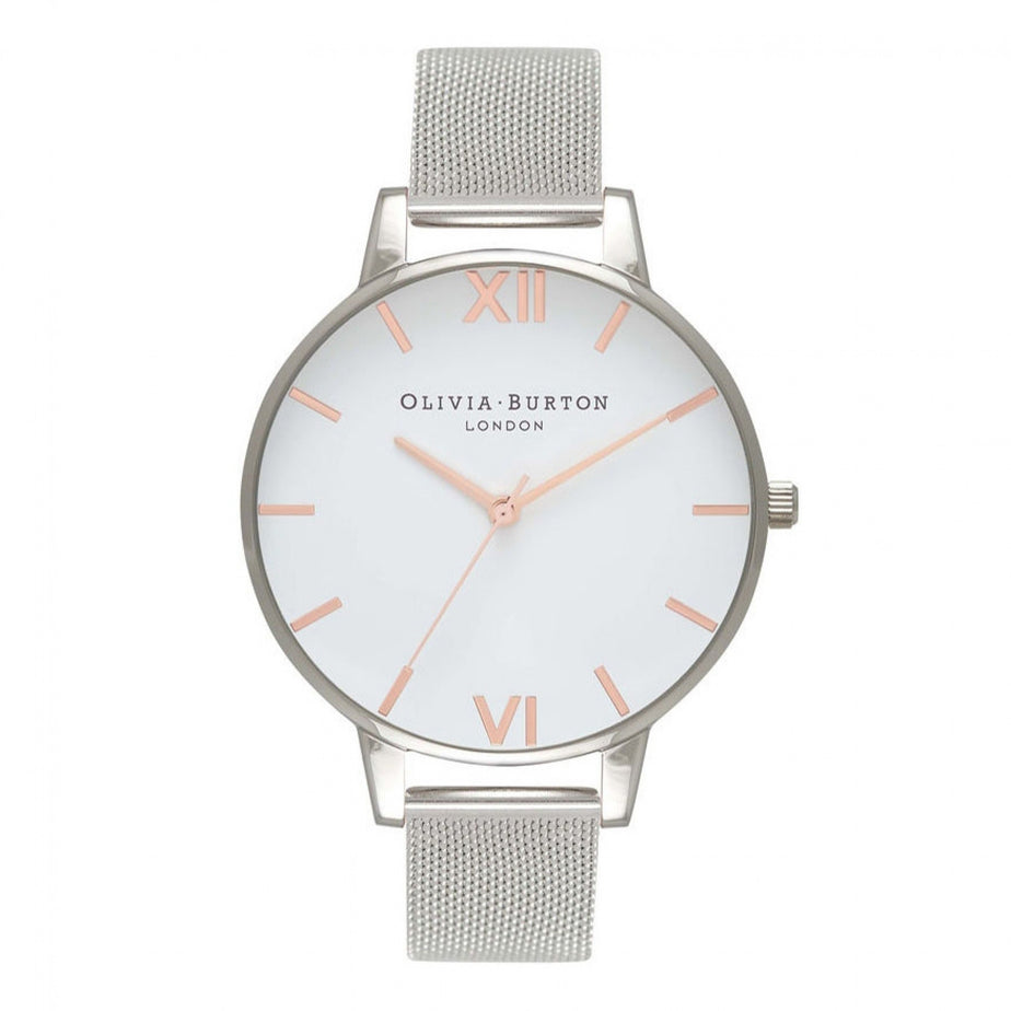 Olivia Burton White Dial Rose Gold & Silver Mesh Watch 38mm