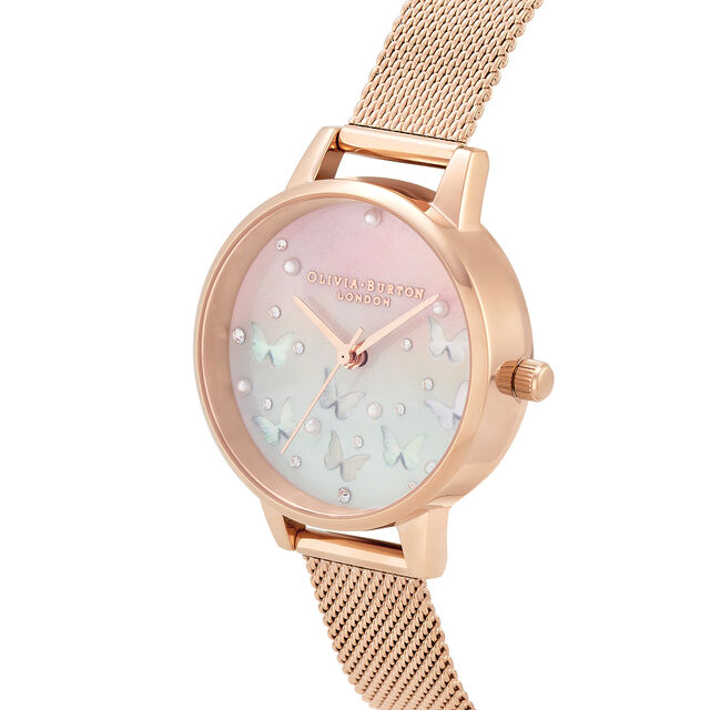 Olivia Burton Sparkle Butterfly, Midi Blush Dial With Blue Mother Of Pearl, Rose Gold Mesh Watch