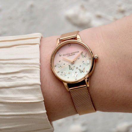Olivia Burton Sparkle Butterfly, Midi Blush Dial With Blue Mother Of Pearl, Rose Gold Mesh Watch