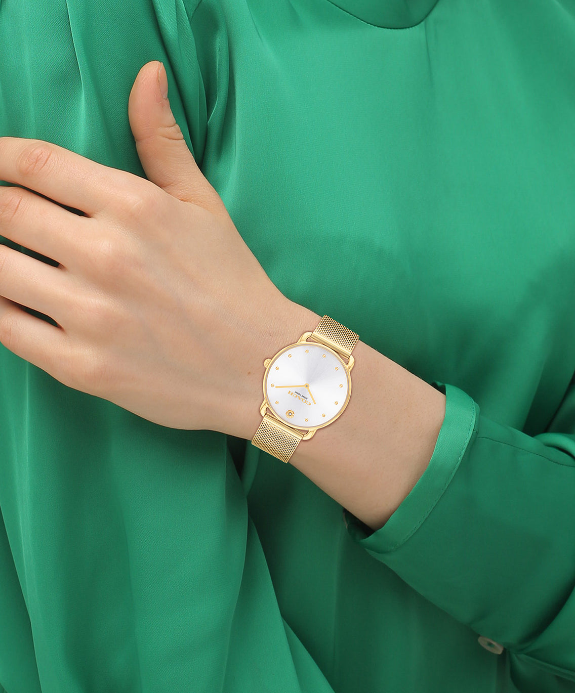COACH Ladies Elliott Silver Dial Gold Tone Watch