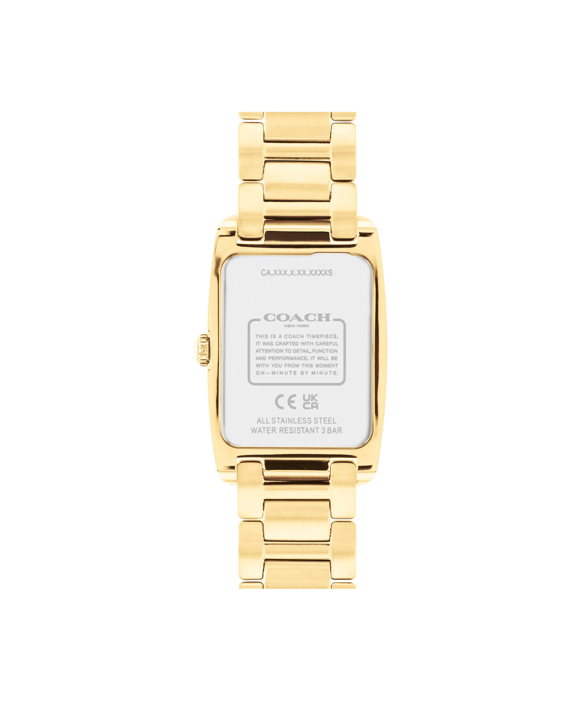 COACH Ladies Reese White Rectangular Dial Crystal-Set Gold-Tone Stainless Steel Bracelet