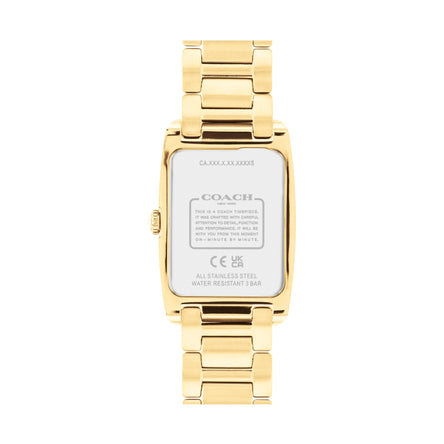 COACH Ladies Reese White Rectangular Dial Crystal-Set Gold-Tone Stainless Steel Bracelet