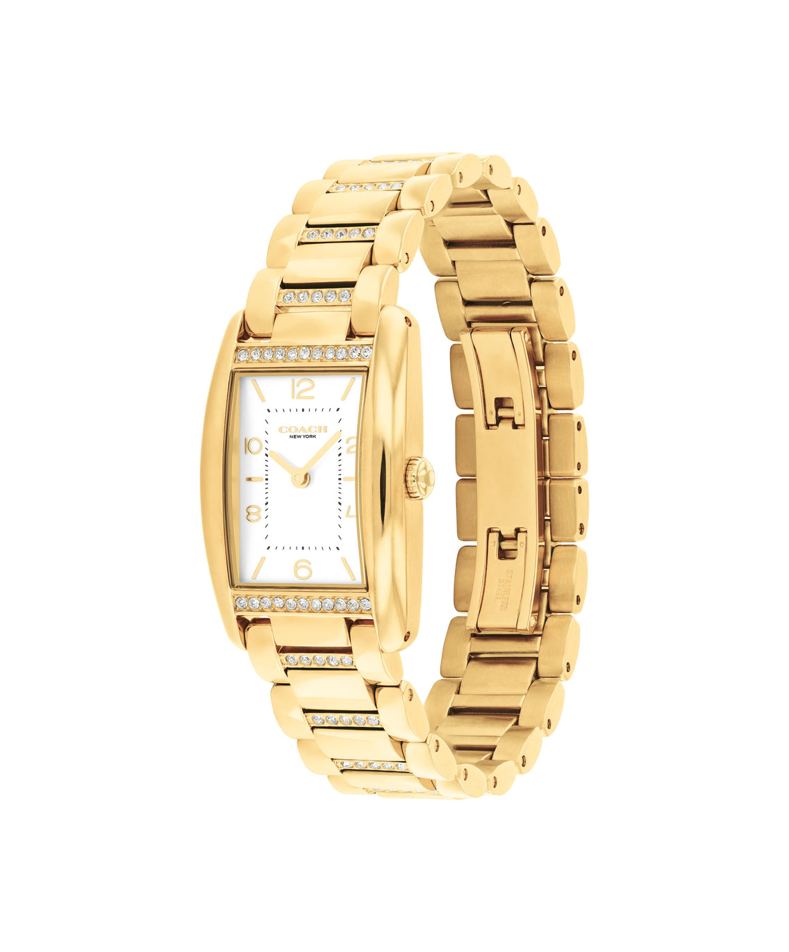 COACH Ladies Reese White Rectangular Dial Crystal-Set Gold-Tone Stainless Steel Bracelet