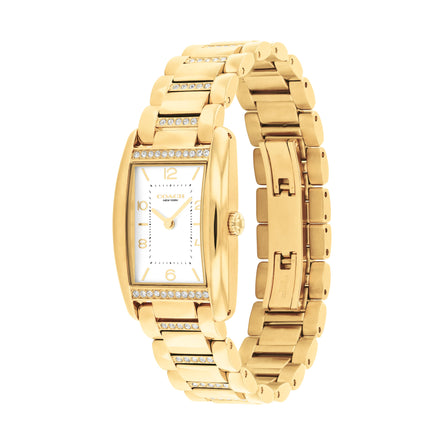 COACH Ladies Reese White Rectangular Dial Crystal-Set Gold-Tone Stainless Steel Bracelet