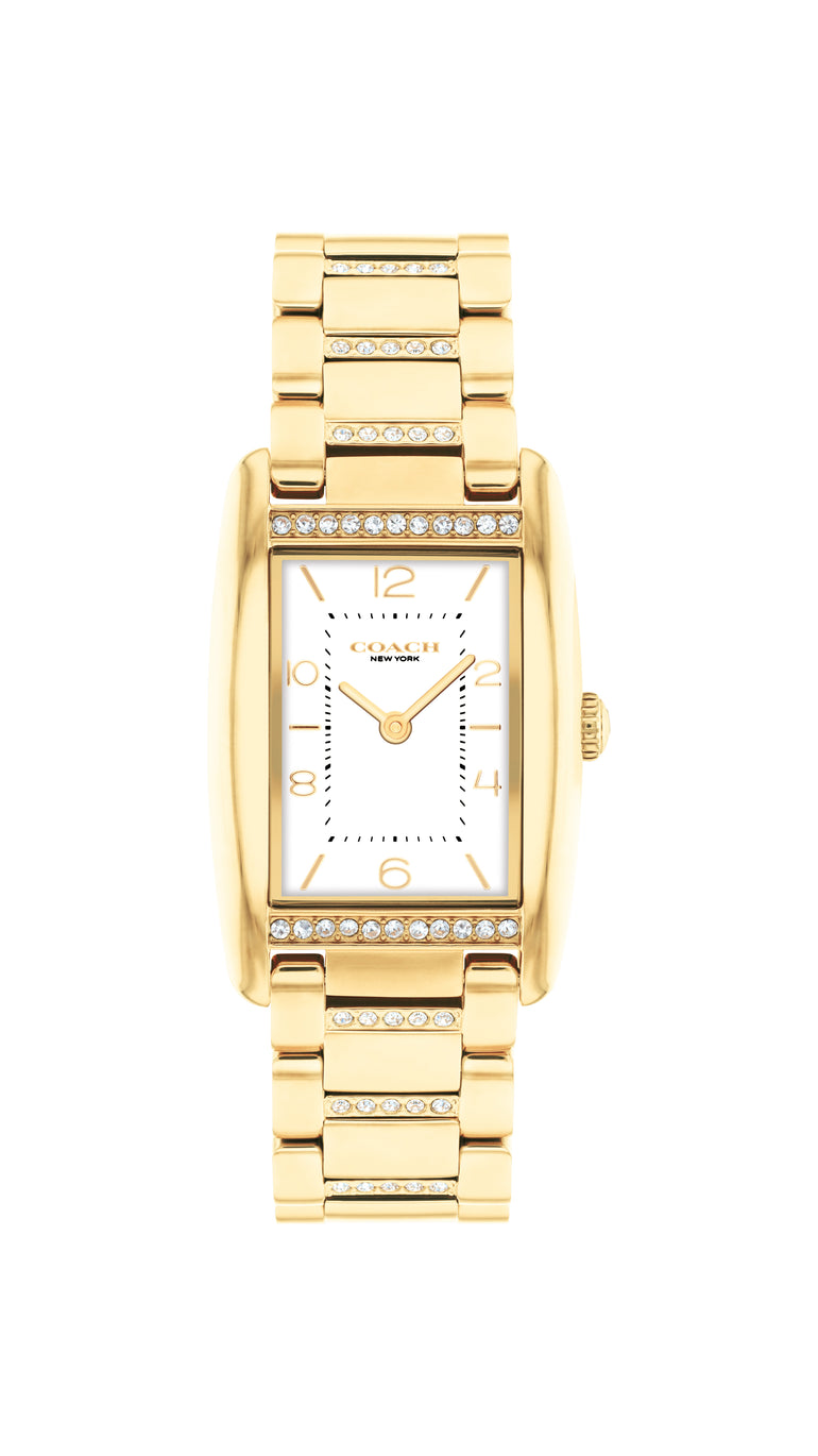 COACH Ladies Reese White Rectangular Dial Crystal-Set Gold-Tone Stainless Steel Bracelet