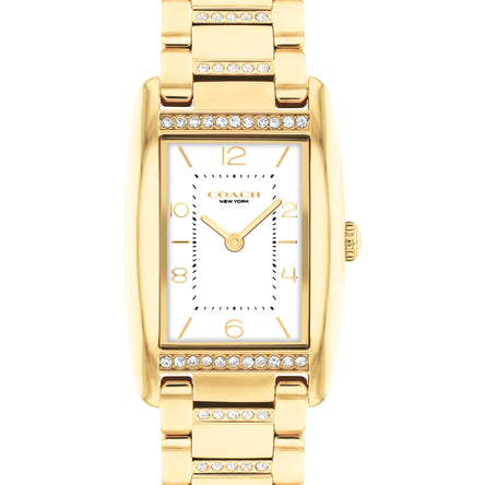 COACH Ladies Reese White Rectangular Dial Crystal-Set Gold-Tone Stainless Steel Bracelet