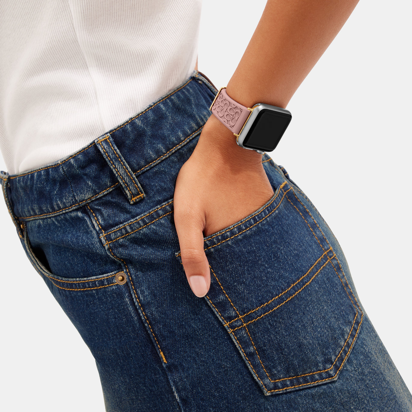 COACH Ladies Textured Rubber Apple Watch Strap Pink