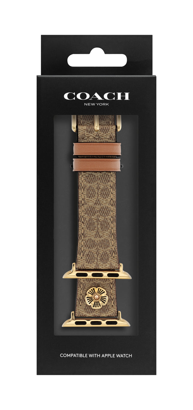 COACH Apple Watch Strap Brown Leather Strap with Flower Embellishment