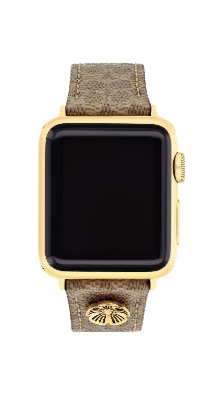 COACH Apple Watch Strap Brown Leather Strap with Flower Embellishment