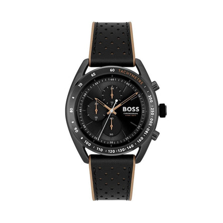 BOSS Center Court Men's Black Leather Strap Watch