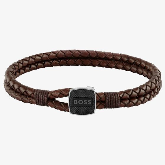 Boss Mens Seal Brown Leather Braided Bracelet