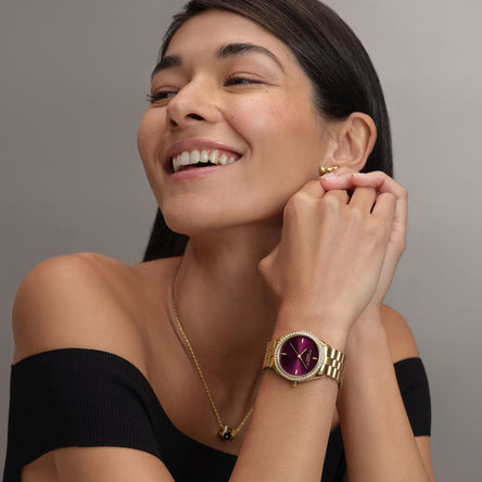 Olivia Burton Sports Luxe 34mm Bejewelled Cherry Lacquer & Gold Bracelet Watch