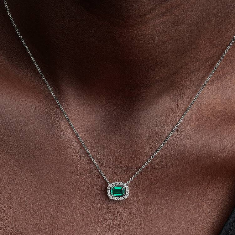 Rectangular Sparkling Green Halo Pendant Necklace