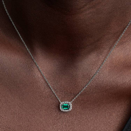 Rectangular Sparkling Green Halo Pendant Necklace