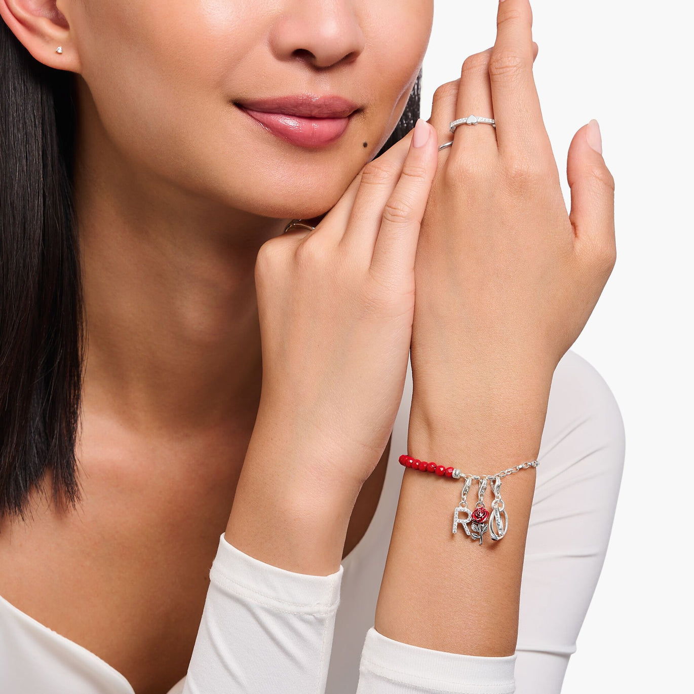 Thomas Sabo Silver Charm Pendant With Two Linked Rings And A Red Stone