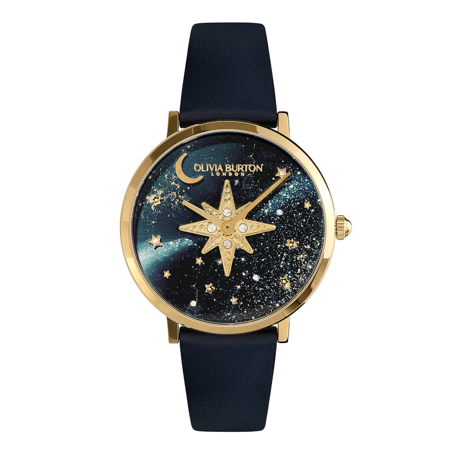 Olivia Burton 35mm Gold Celestial Watch with Blue Leather Strap