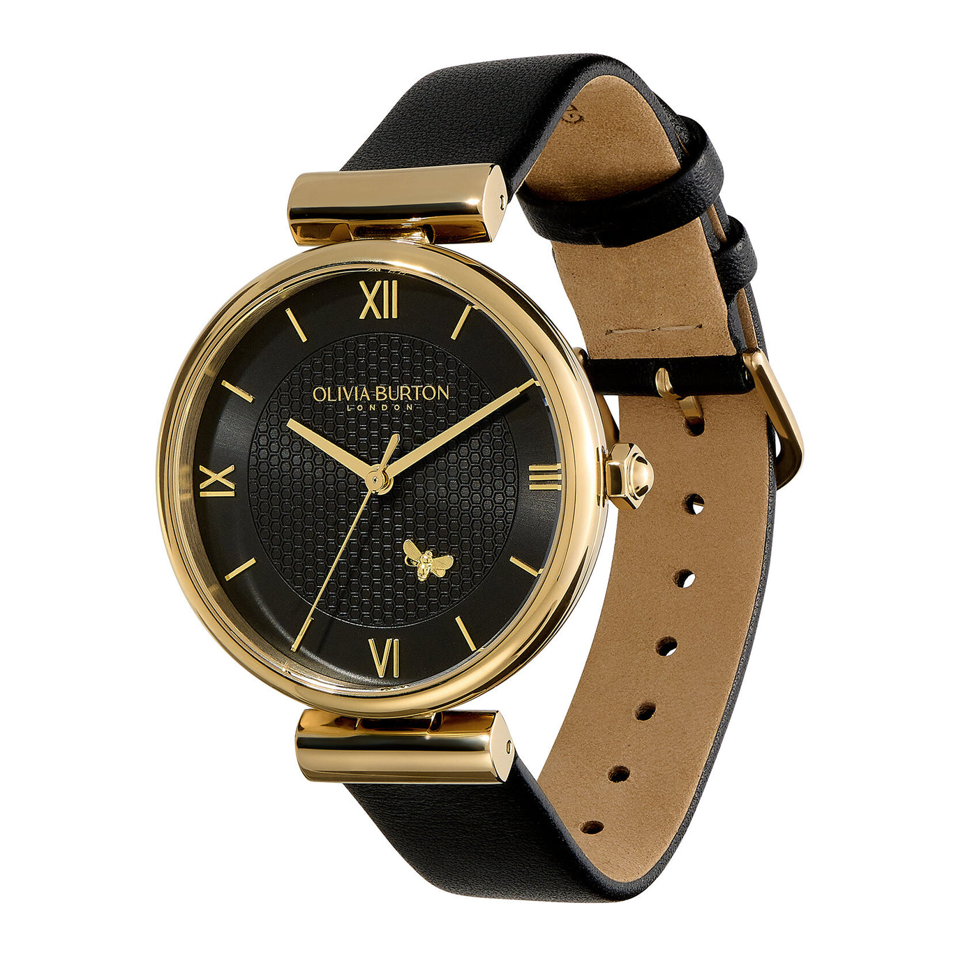 Olivia Burton 36mm Minima Bee T-Bar Gold & Black Leather Strap Watch