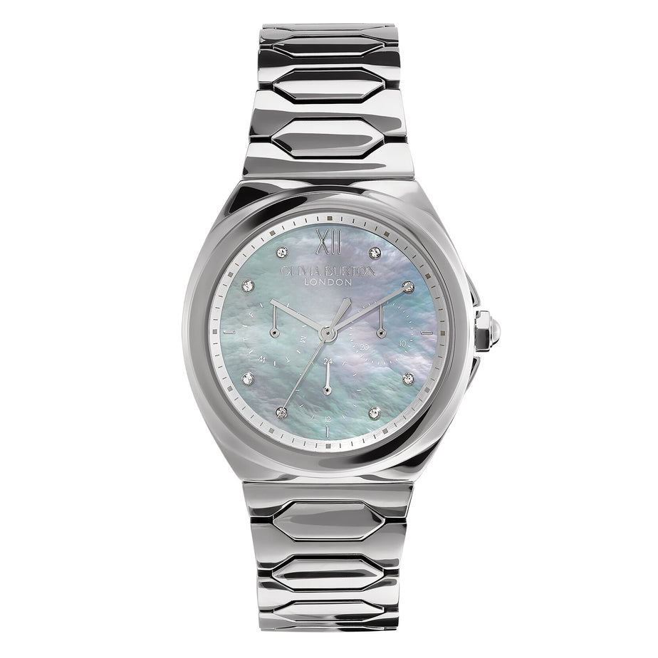 Olivia Burton 36mm Lustre Multi-Function Light Grey & Silver Bracelet Watch