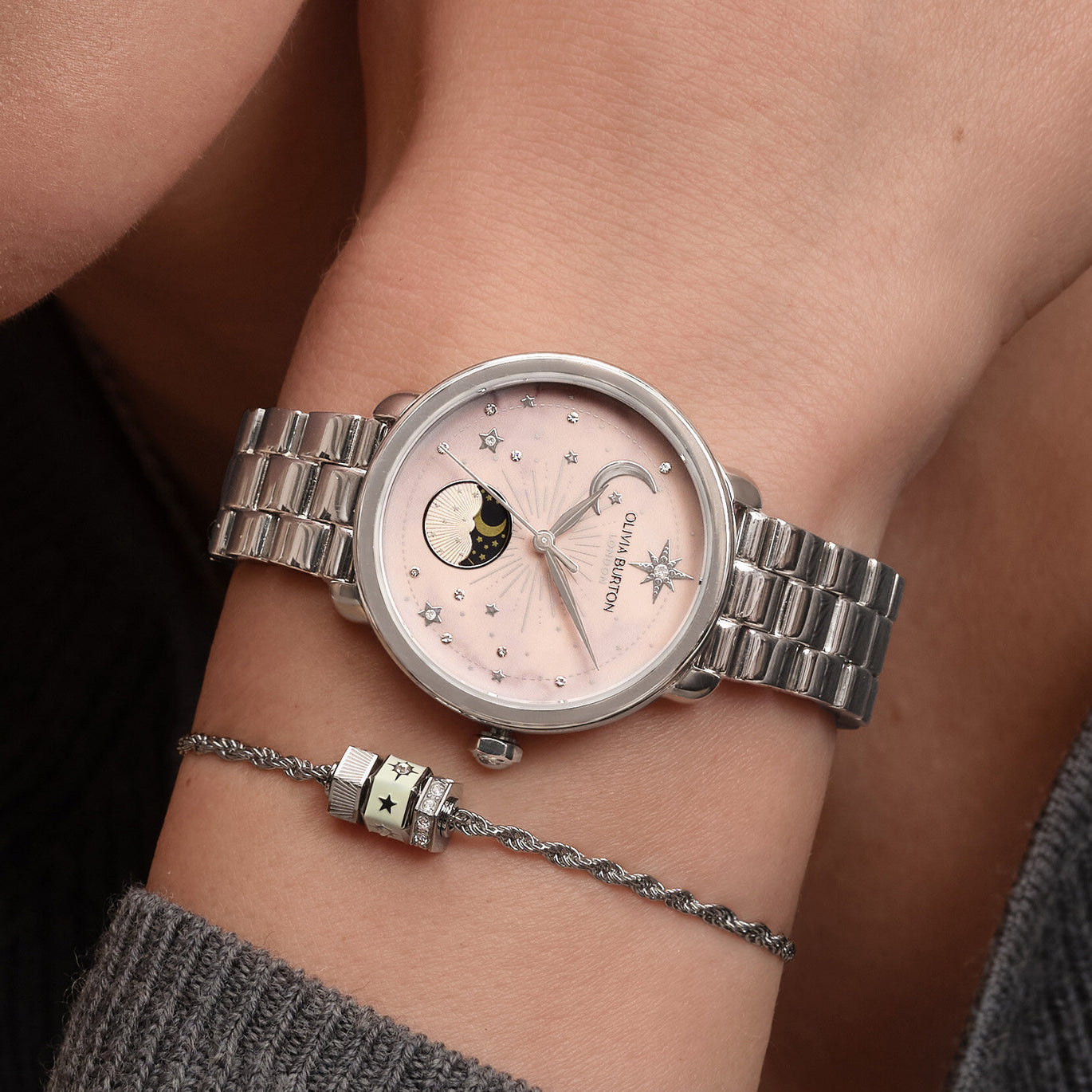 Olivia Burton Celestial 34mm Moon Phase Pink & Silver Bracelet Watch
