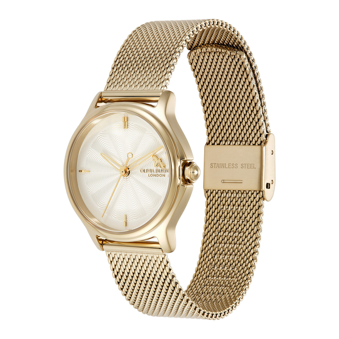 Olivia Burton 30mm Classic Bee White & Gold Mesh Watch