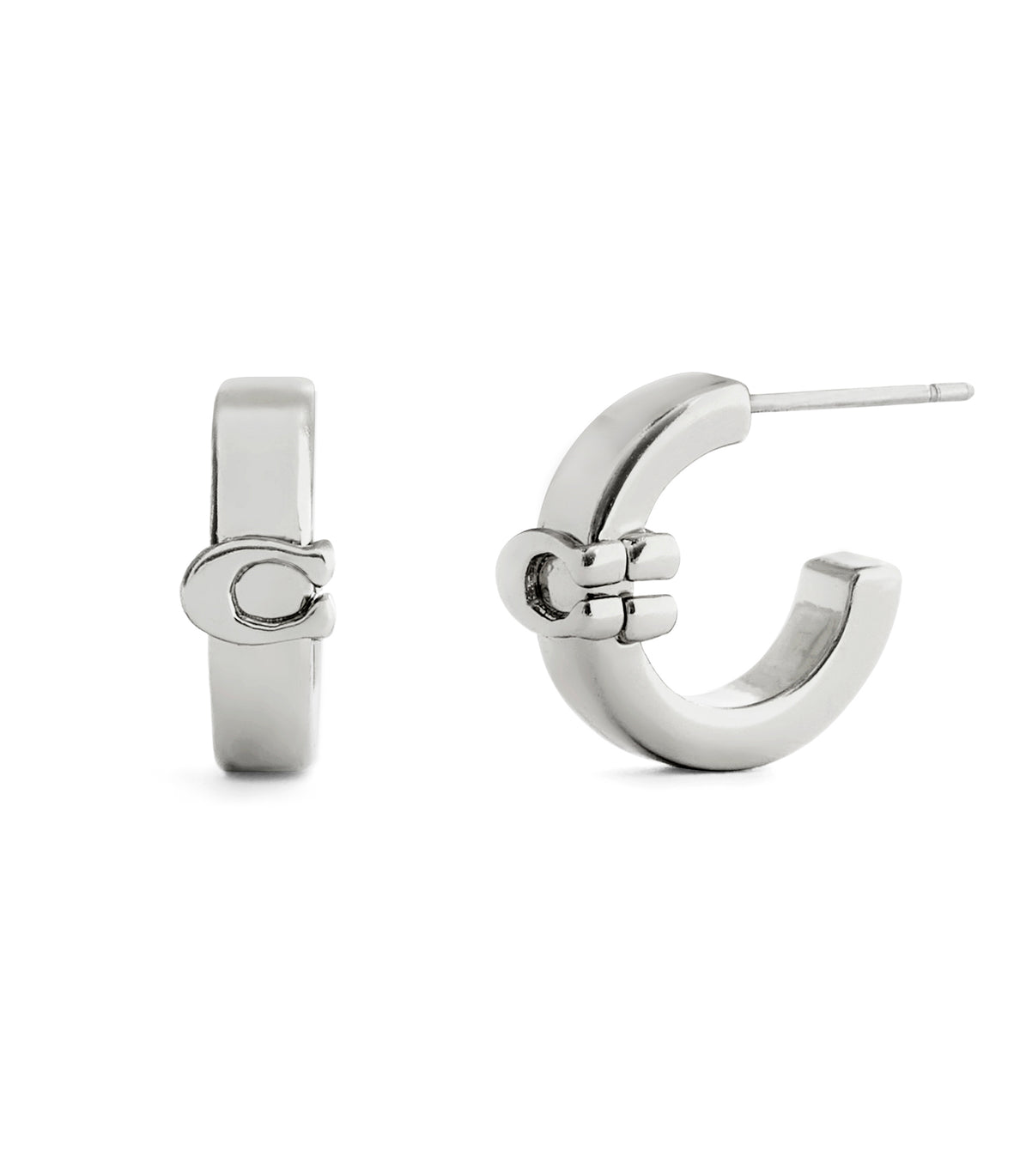 COACH Signature C Huggie Rhodium Hoop Earrings
