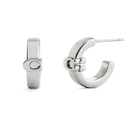 COACH Signature C Huggie Rhodium Hoop Earrings