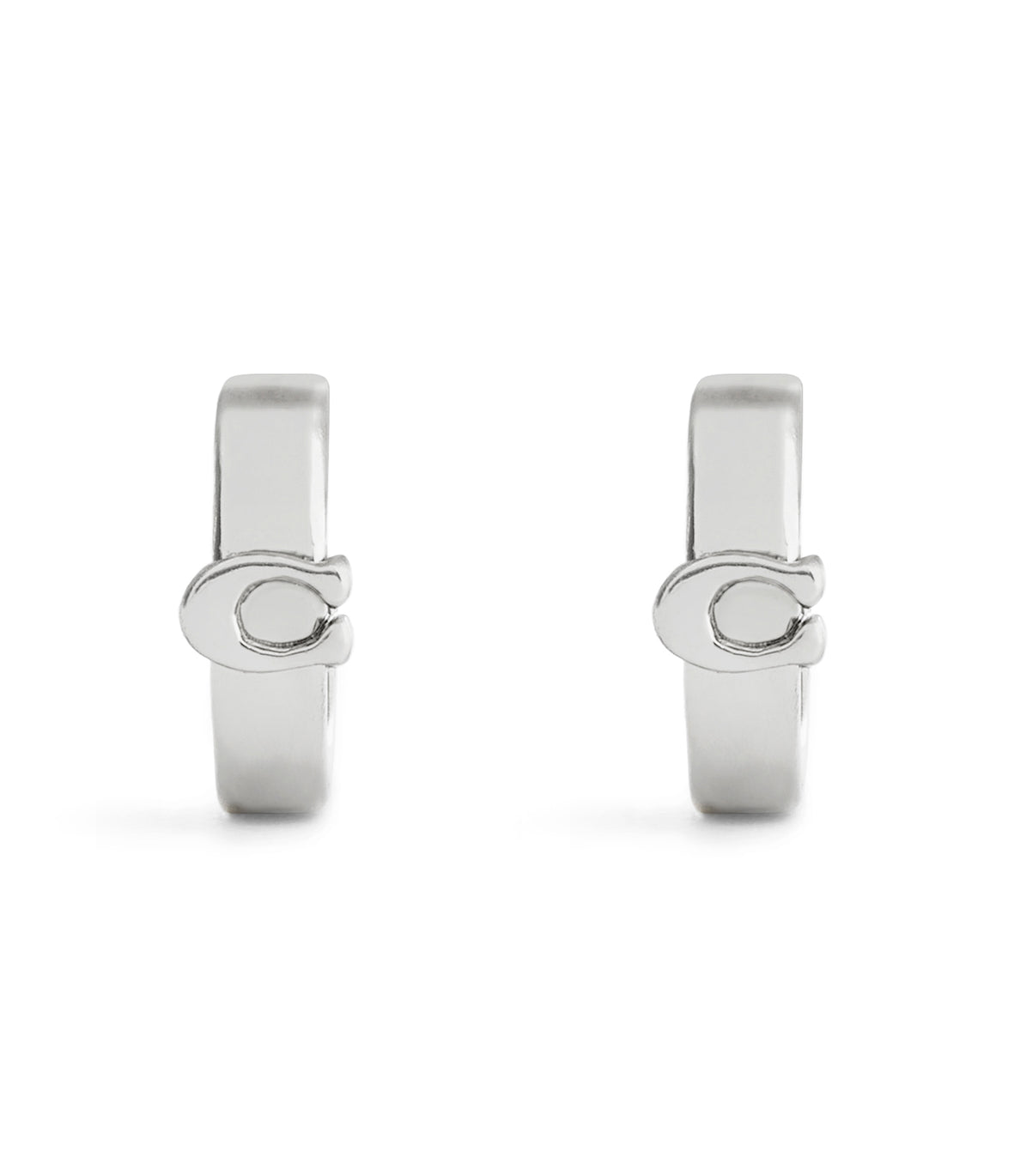 COACH Signature C Huggie Rhodium Hoop Earrings