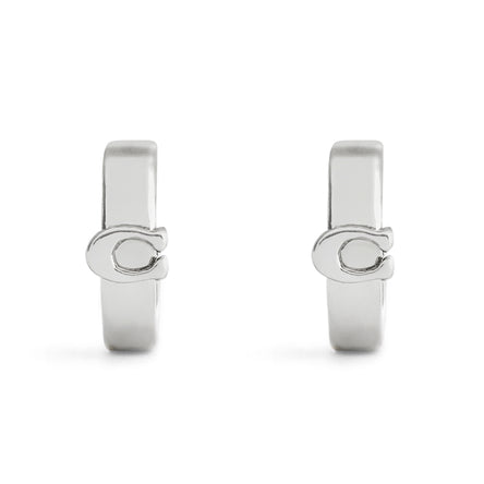 COACH Signature C Huggie Rhodium Hoop Earrings