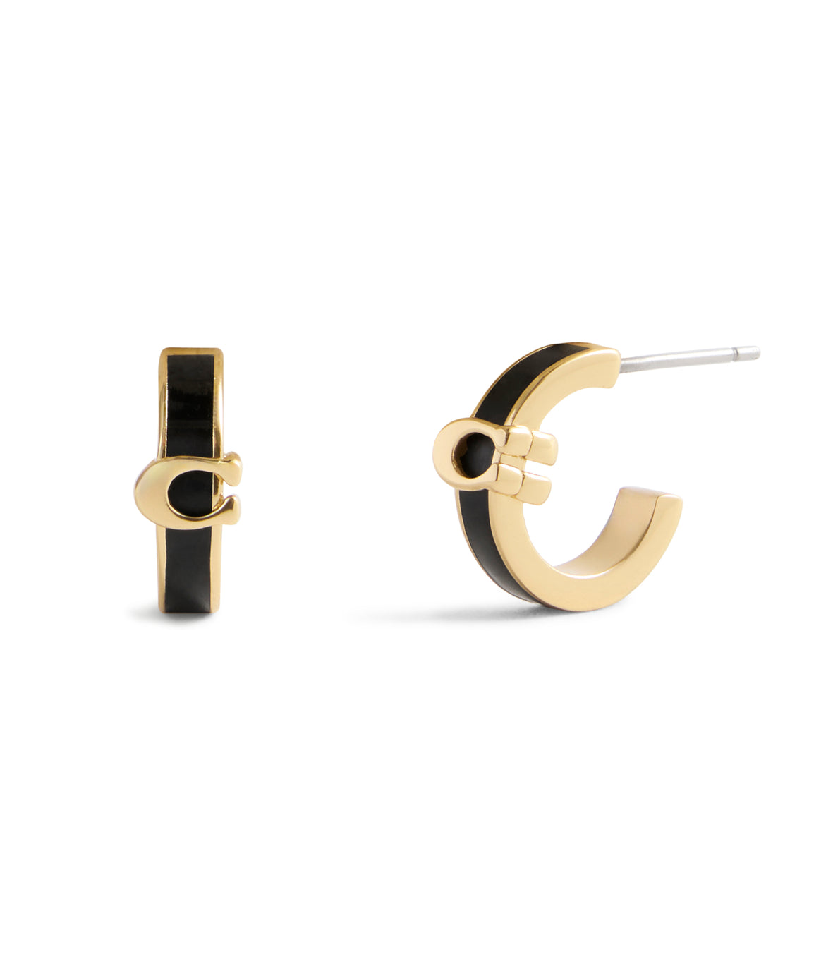 COACH Signature C Huggie Black Enamel Hoop Earrings