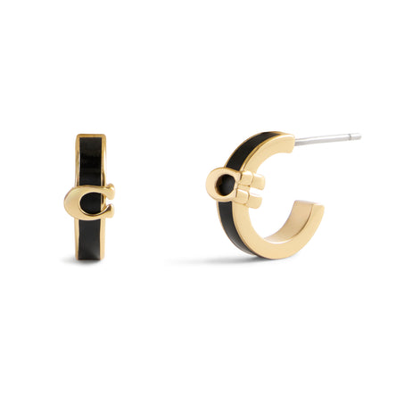COACH Signature C Huggie Black Enamel Hoop Earrings
