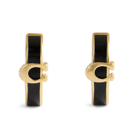 COACH Signature C Huggie Black Enamel Hoop Earrings