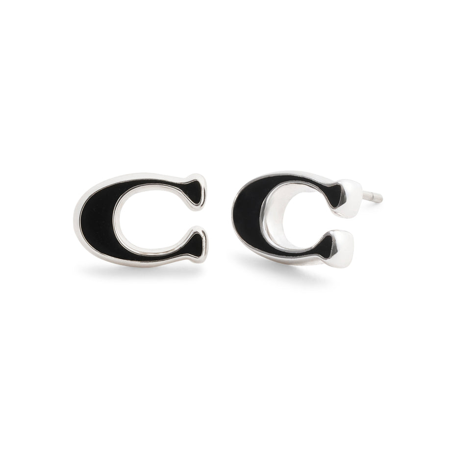 COACH Signature C Black Enamel Studs Silver