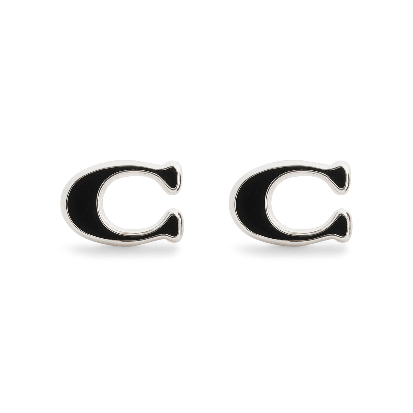 COACH Signature C Black Enamel Studs Silver