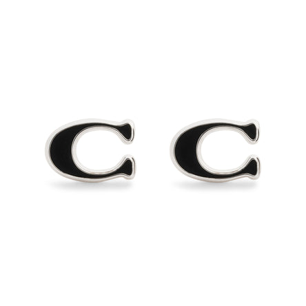 COACH Signature C Black Enamel Studs Silver