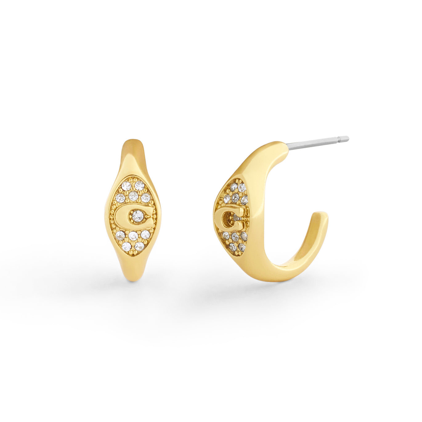 Coach Gold Plated Pave Signet Huggie Earrings