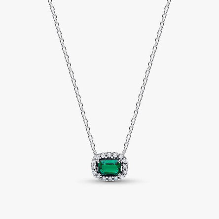 Rectangular Sparkling Green Halo Pendant Necklace