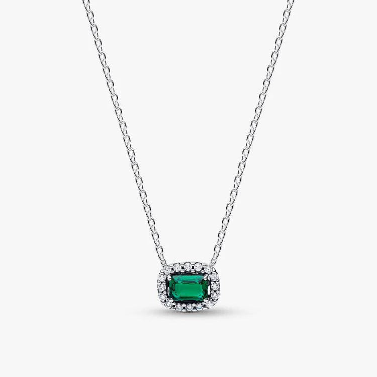 Rectangular Sparkling Green Halo Pendant Necklace