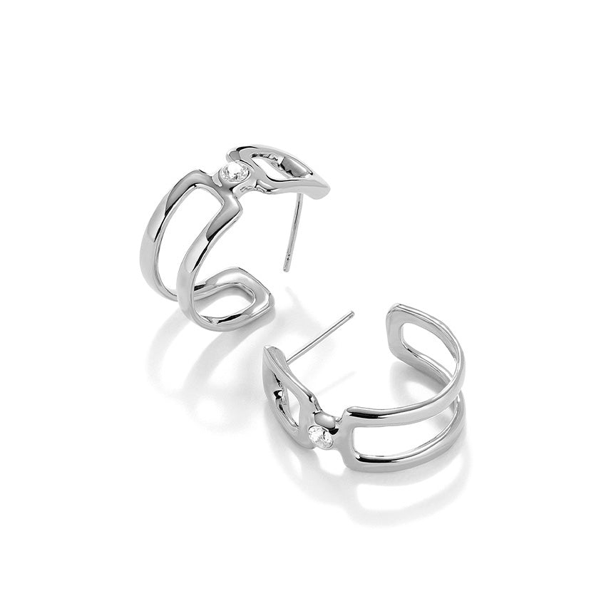 Uno De 50 Double hoop earrings plated sterling silver with white topaz