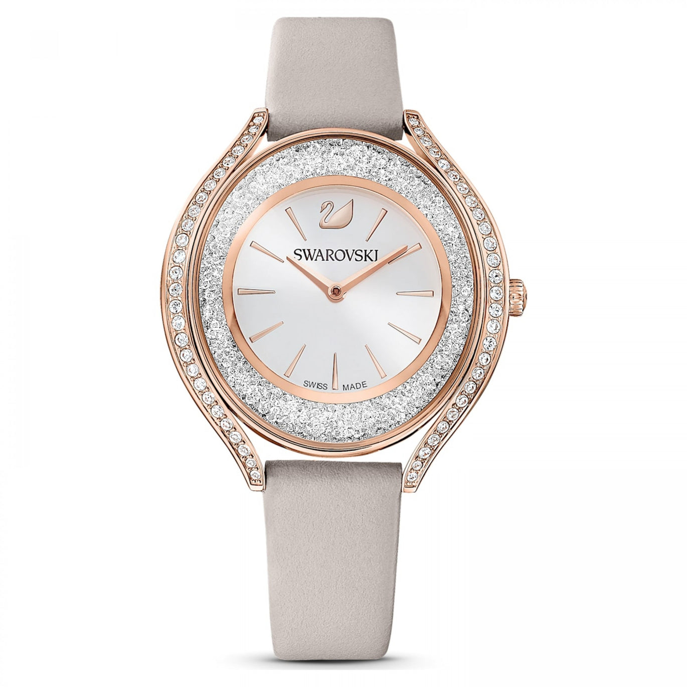 Swarovski Crystalline Aura Watch, Rose-Gold Tone, Grey Leather Strap