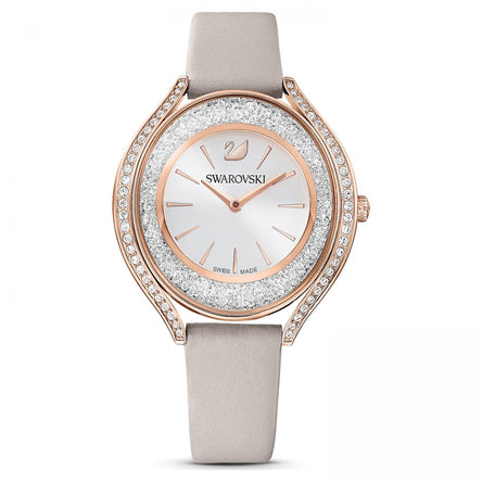 Swarovski Crystalline Aura Watch, Rose-Gold Tone, Grey Leather Strap