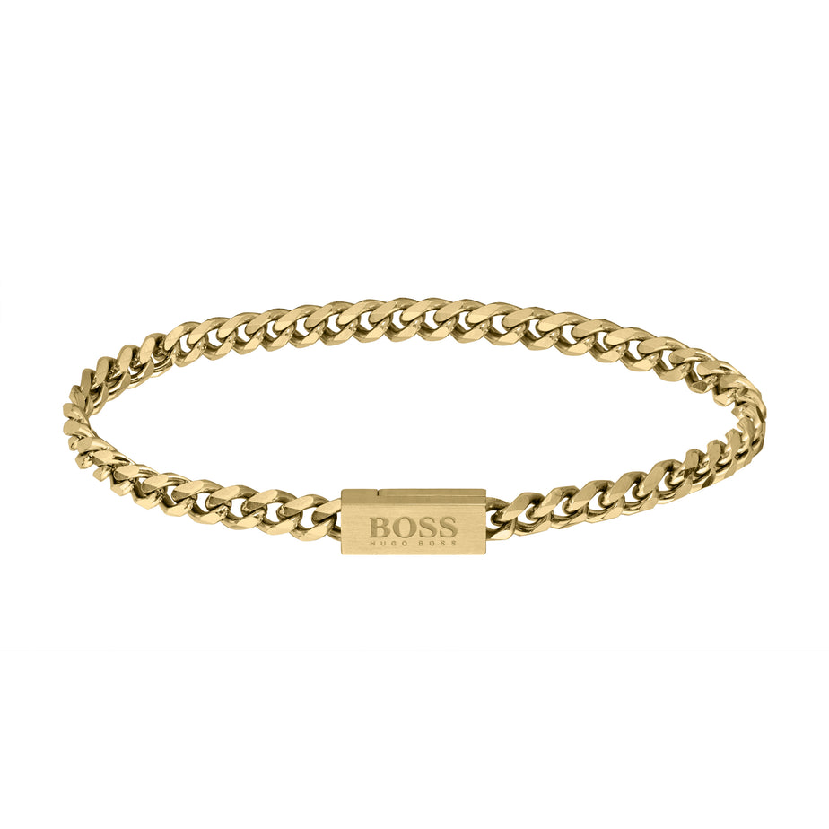 BOSS Mens Yellow Gold 19cm Curb Bracelet
