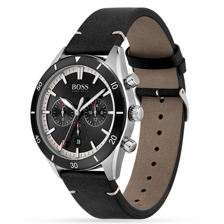 Boss Men's Santiago Chronograph Date Black Leather Strap Watch
