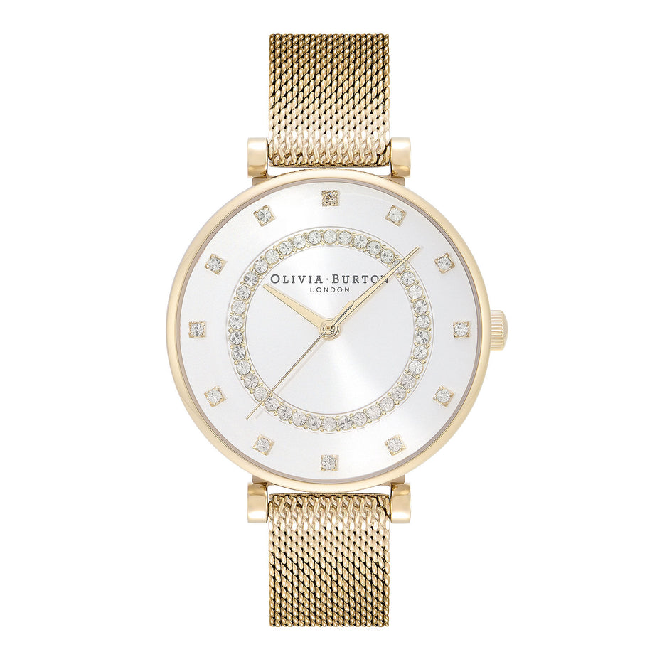 Olivia Burton 32mm Tbar White $ Gold Mesh watch