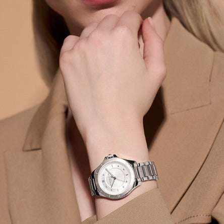 Olivia Burton Guilloche Metallic White & Silver Bracelet watch