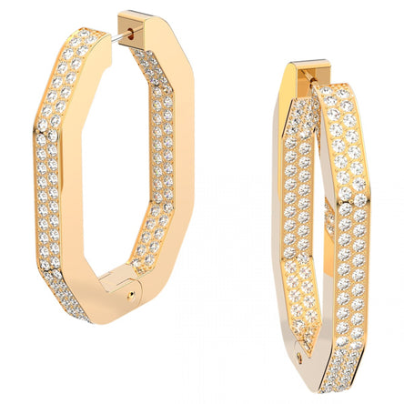 Swarovski Dextera hoop earrings Octagonal, Full pavé, Large, White, Gold-tone plated