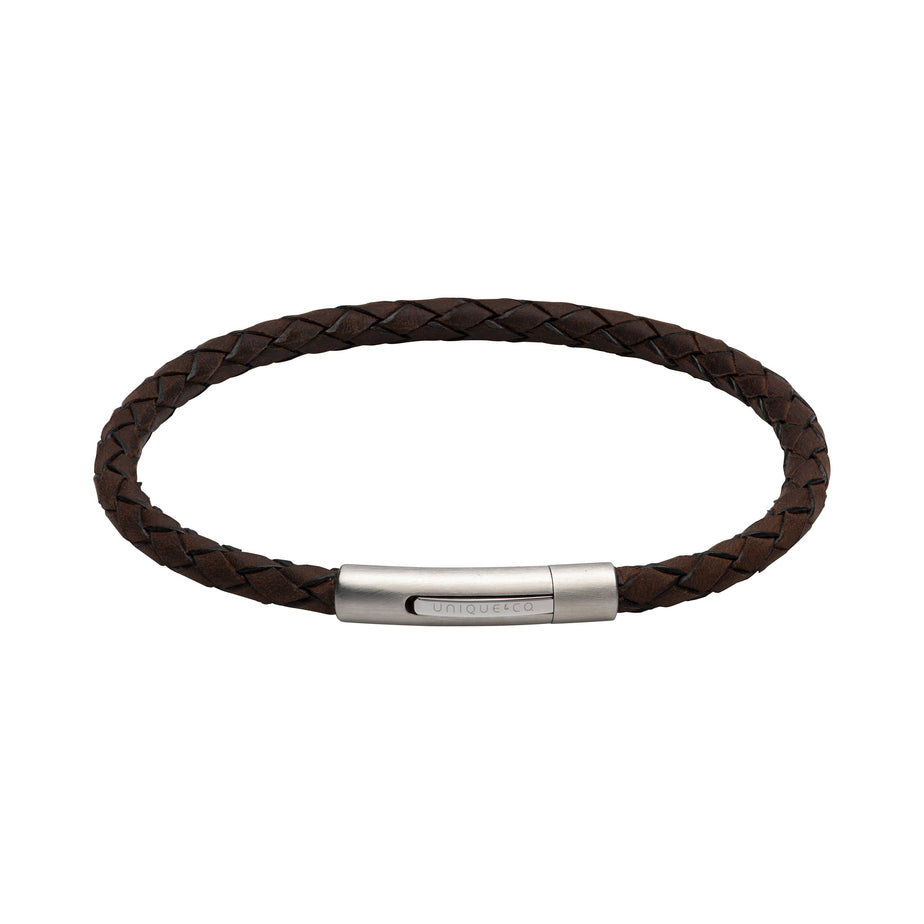 Mens Slim Brown Woven Leather Bracelet with Matte Clasp
