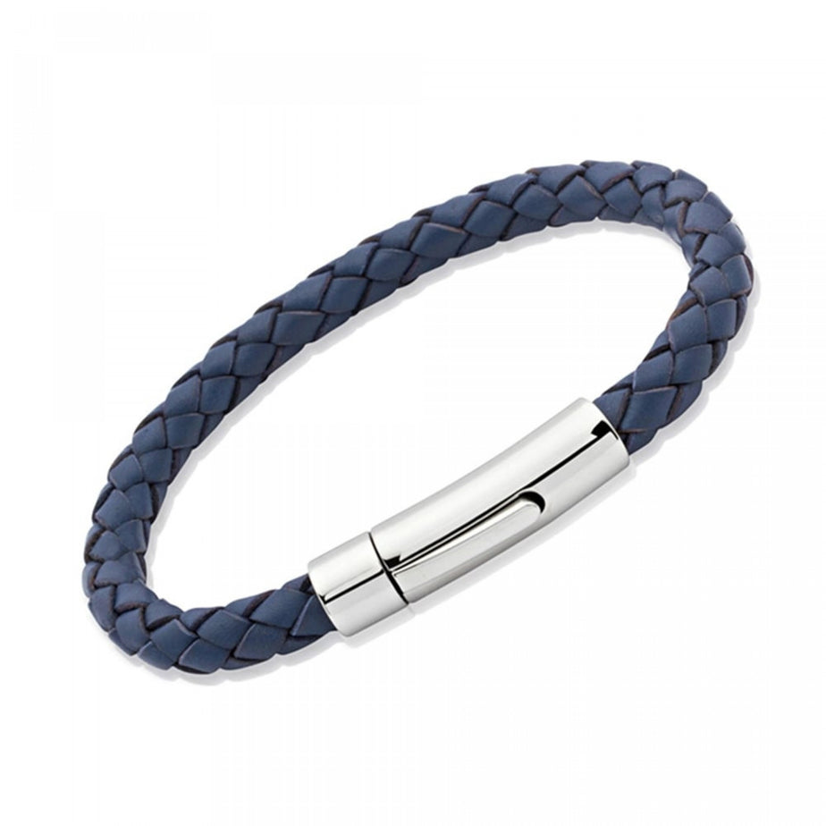 Mens Blue Woven Leather Bracelet