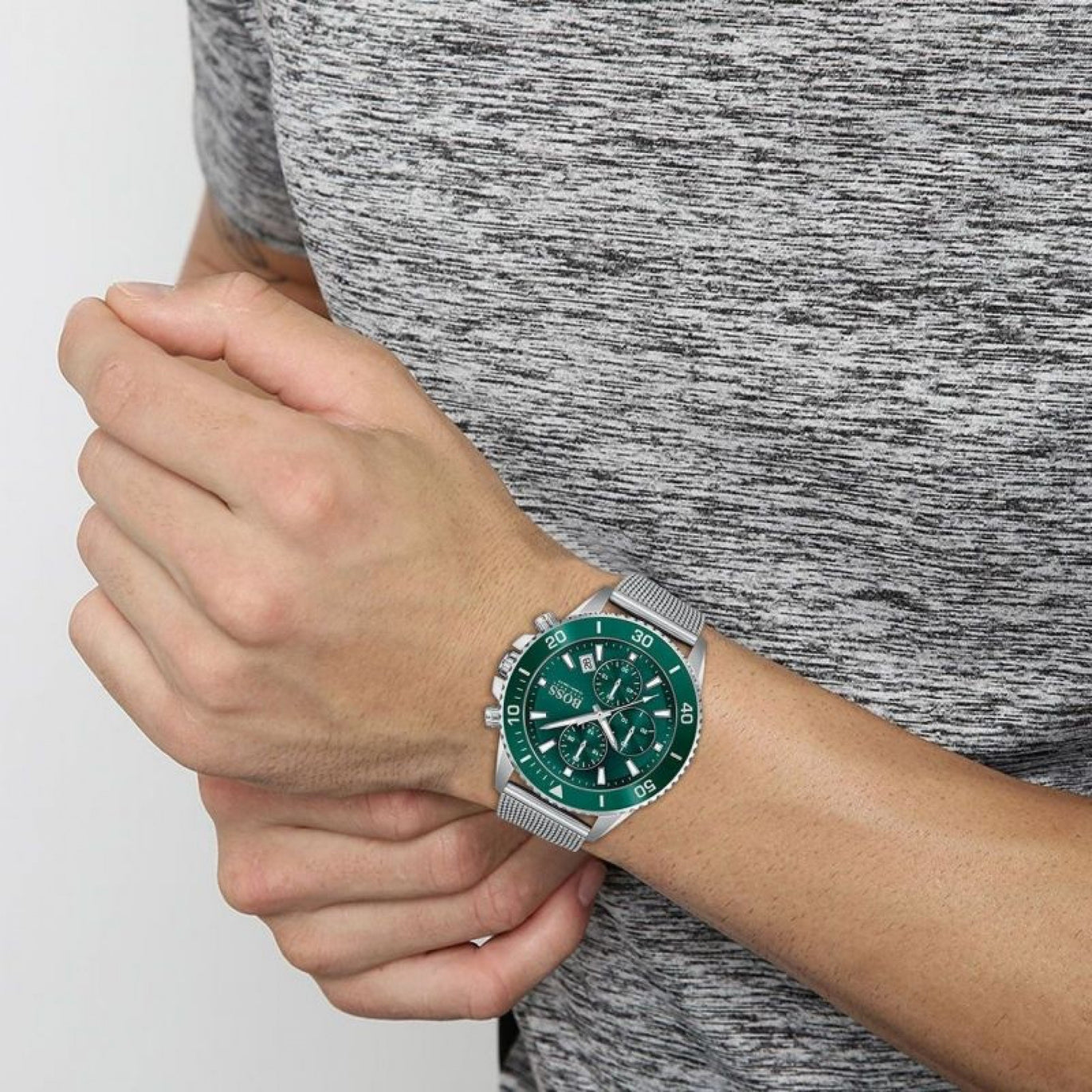 Boss Men's Admiral Chronograph Green Dial Mesh Strap Watch